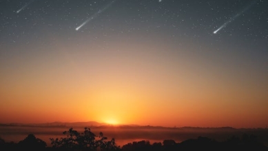 Experience the awe-inspiring beauty of a sunrise with shooting stars across a clear sky, perfect for serene landscapes.